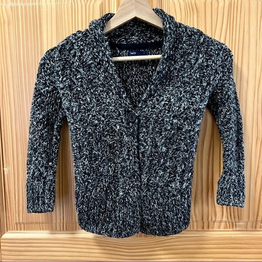 Gap Kids dark grey white shawl collar single button long sleeve cardigan sweater